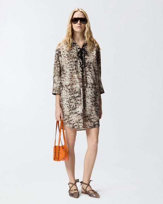 Pinko White Mini Dress With Snake Print And Neckline Ribbons