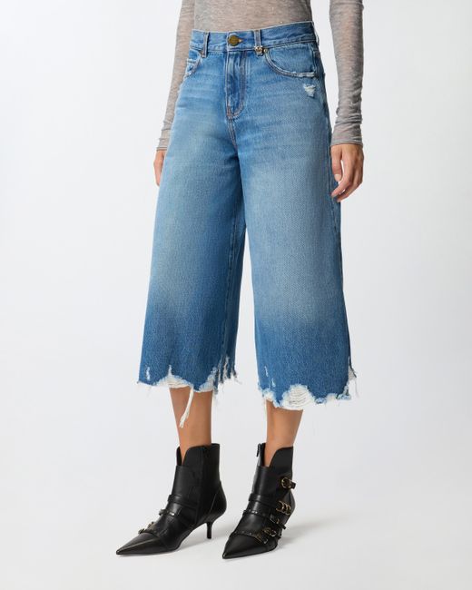 Pinko Blue Long Denim Shorts With Distressed Hem