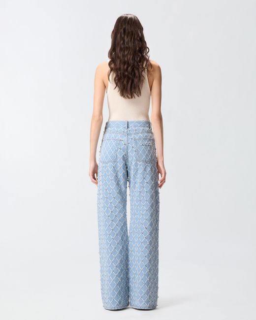 Pinko Blue Wide-Leg Jeans With Diamond And Rhinestone Motif