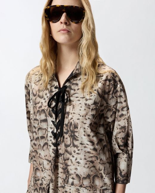 Pinko White Mini Dress With Snake Print And Neckline Ribbons
