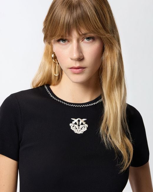 Pinko Blue Fine-Rib T-Shirt With Love Birds Embroidery