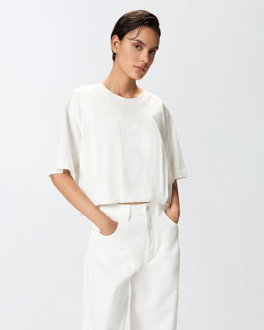 Camiseta Corta Y Ancha Con Logotipo Bordado Pinko de color White