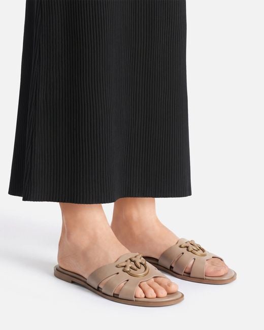 Pinko White Leather Slip-On Sandals With Love Birds Logo