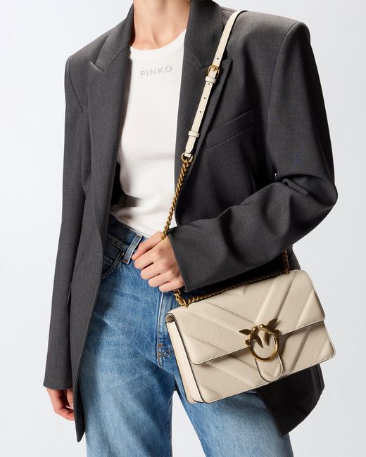 Pinko Natural Medium Love Bag Pebbled Leather Crossbody Bag With V-Shaped Pattern And Logo