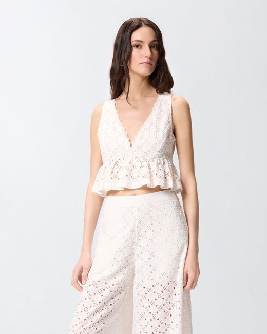 Pinko White Crop Top With Ruffle And Openwork Pattern
