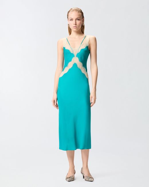 Pinko Blue Midi Slip Dress With Lace Bands