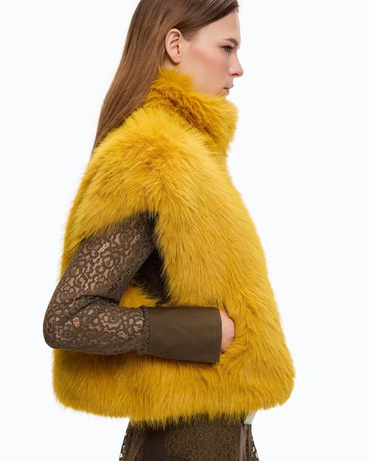 Pinko Yellow Cropped Faux Fur Vest