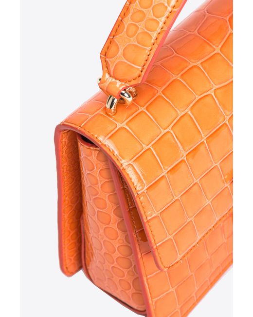 Pinko Orange Galleria Mini Love Bag One Top Handle Light In Shiny Croc-print Leather