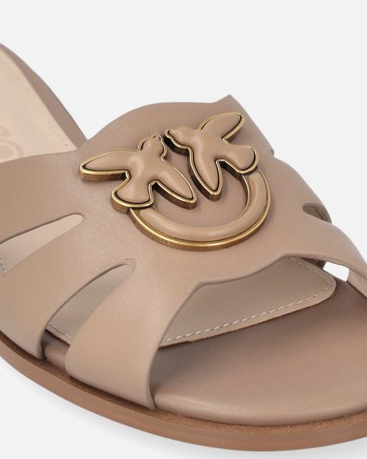 Pinko White Leather Slip-On Sandals With Love Birds Logo