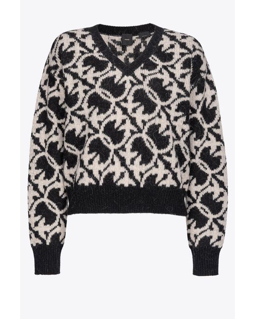 Pinko Black Wool And Alpaca Love Birds V-neck Sweater