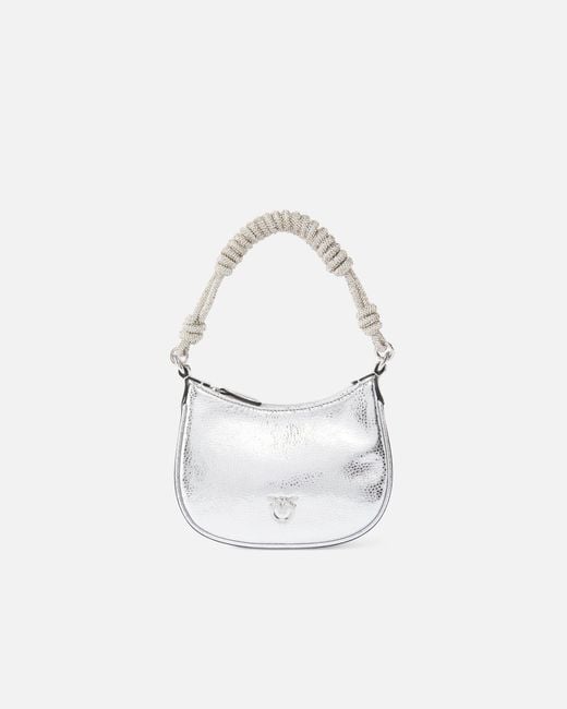 Pinko White Half Moon Baby Handbag In Laminated Leather With Rhinestones