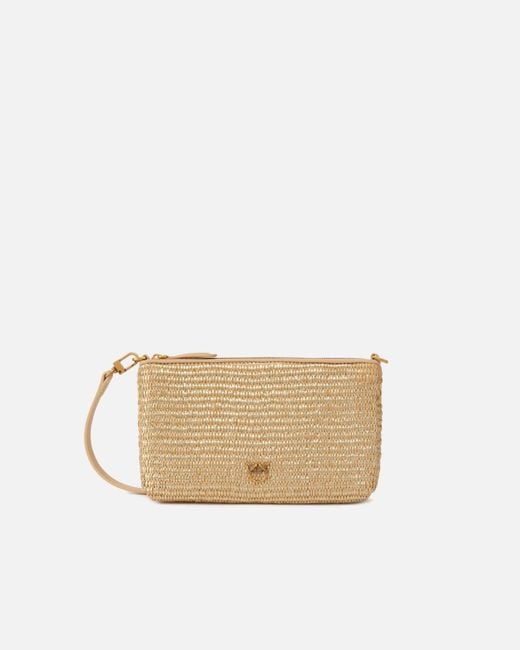 Pinko Natural Small Flat Handbag In Laminated Raffia With Shoulder Strap