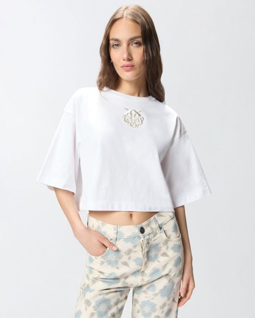 Pinko White Cropped T-Shirt With Love Birds Embroidery