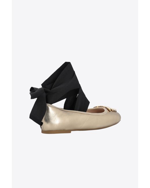 Pinko Black Laminated Leather Ballerinas With Ribbons