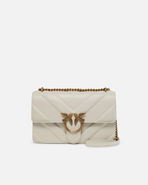 Pinko Natural Medium Love Bag Pebbled Leather Crossbody Bag With V-Shaped Pattern And Logo