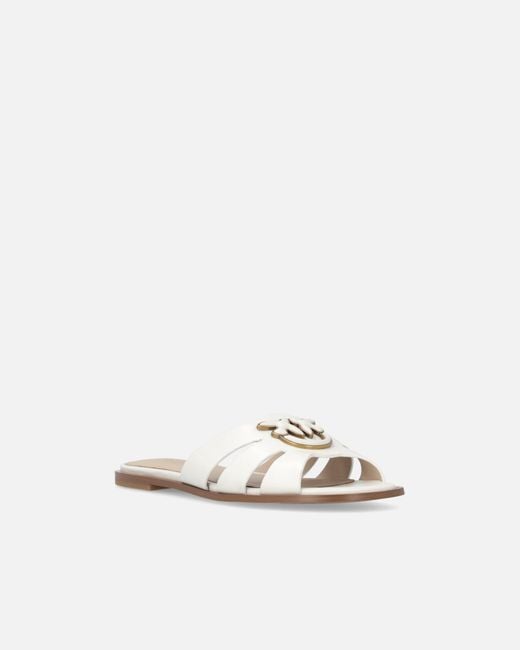Pinko White Leather Slip-On Sandals With Love Birds Logo