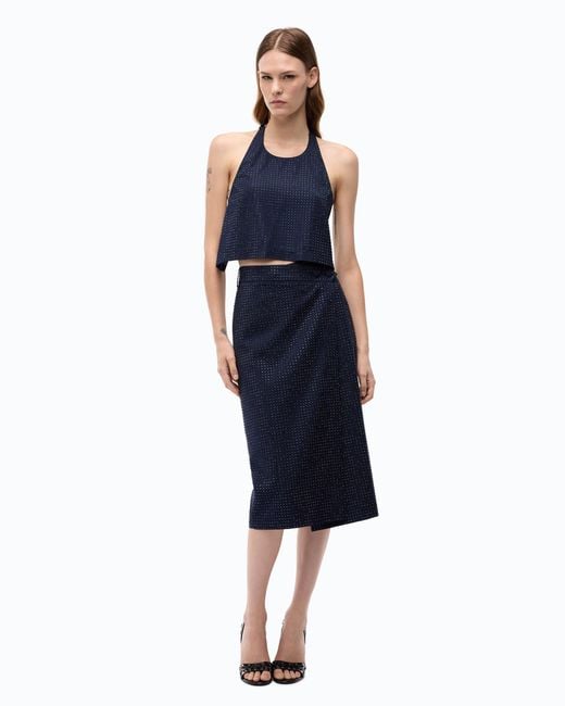 Pinko Blue Fully Rhinestoned Calf-Length Wrap Skirt