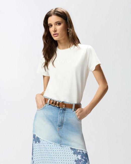 Pinko White T-Shirt With Logo Embroidery