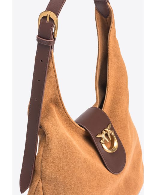 Pinko Natural Mini Hobo Bag In Suede And Leather