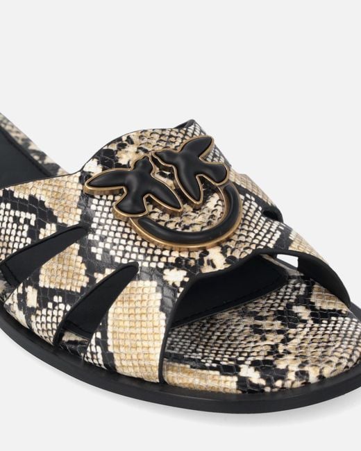 Pinko White Leather Slip-On Sandals With Python Print And Love Birds Logo