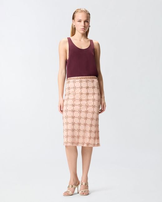 Pinko Pink Mesh Calf-Length Skirt With Crystals