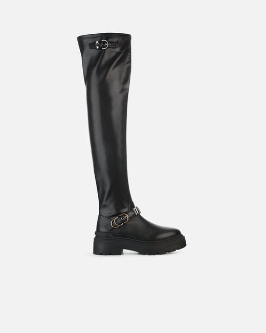 Pinko Black Thigh-High Boots With Metal Inserts