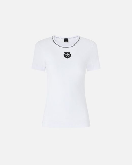 Pinko White Fine-Rib T-Shirt With Love Birds Embroidery
