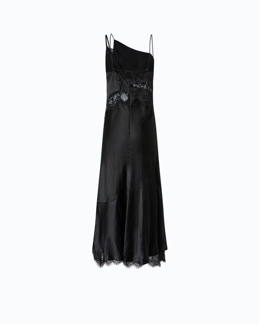 Pinko Black Long Satin Dress With Draping And Lace
