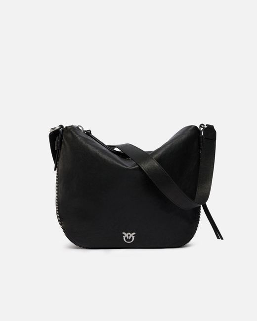 Pinko Black Medium Leather Hobo Bag With Love Birds Logo