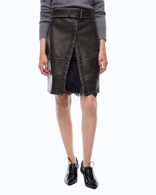 Pinko Black Leather-Effect Knee-Length Skirt With Belt And Slit