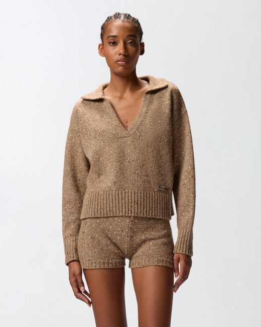 Pinko Brown V-neck Sweater With Rhinestones