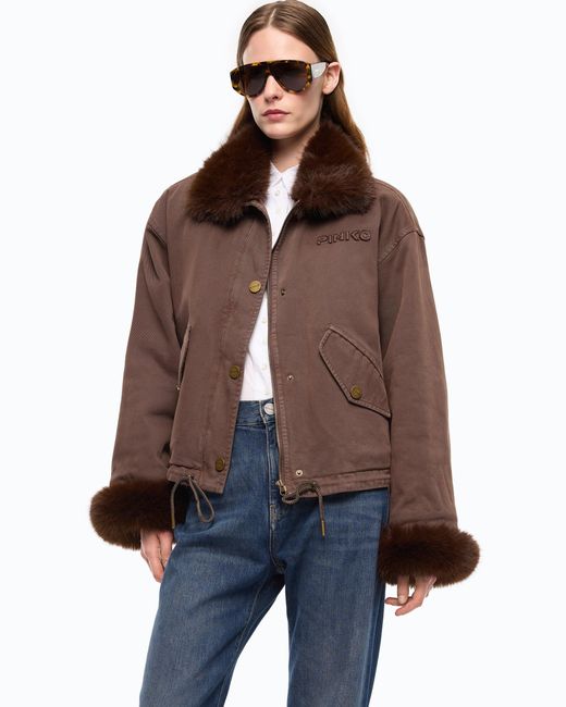 Pinko Brown Cotton Pea Coat With Faux Fur Details
