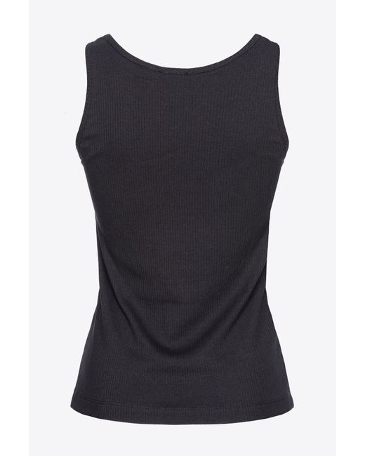 Pinko Black Ribbed Vest Top With Love Birds Embroidery