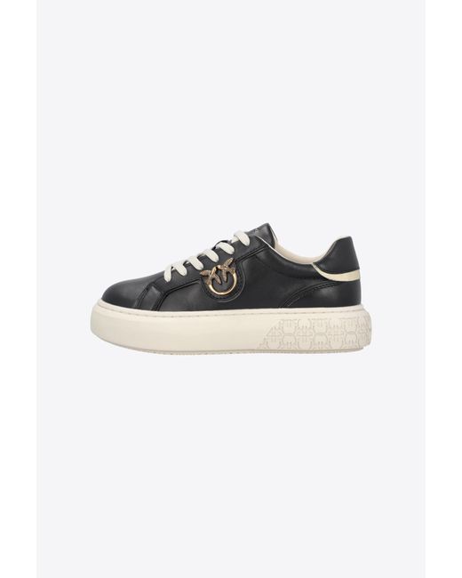 Pinko Black Leather Sneakers With Love Birds Plaque