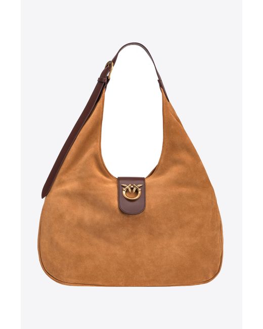 Pinko Brown Big Hobo Bag In Suede And Leather