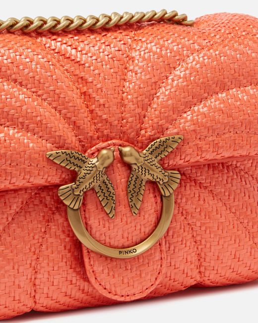 Pinko Orange Love Bag Puff Mini Crossbody Bag In Raffia With Chain