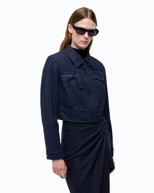 Pinko Blue Cropped Nubuck Leather-Effect Jacket