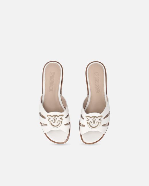Pinko White Leather Slip-On Sandals With Love Birds Logo