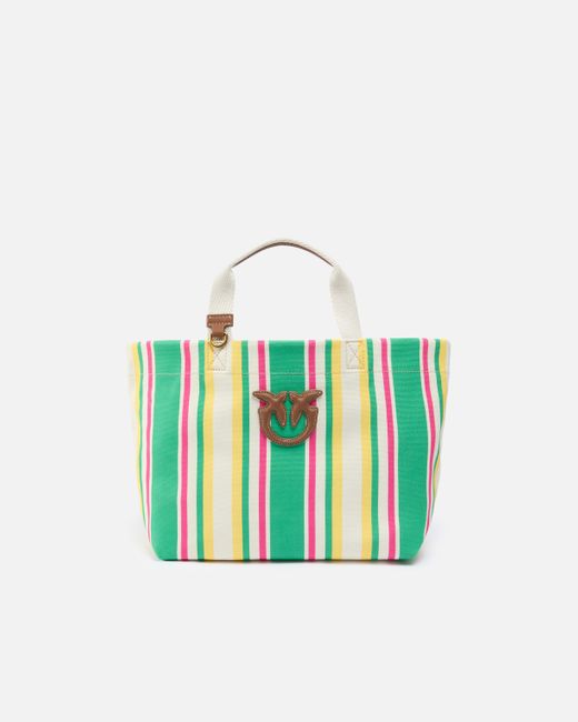 Pinko Blue Medium Shopper Bag In Striped Canvas