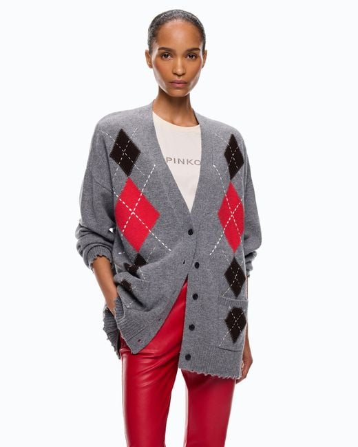 Pinko Gray Wool And Cashmere Cardigan With Diamond Motif