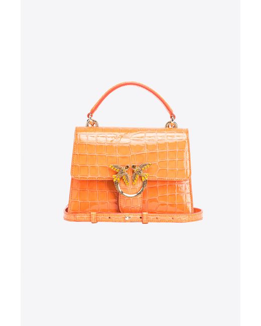 Pinko Orange Galleria Mini Love Bag One Top Handle Light In Shiny Croc-print Leather