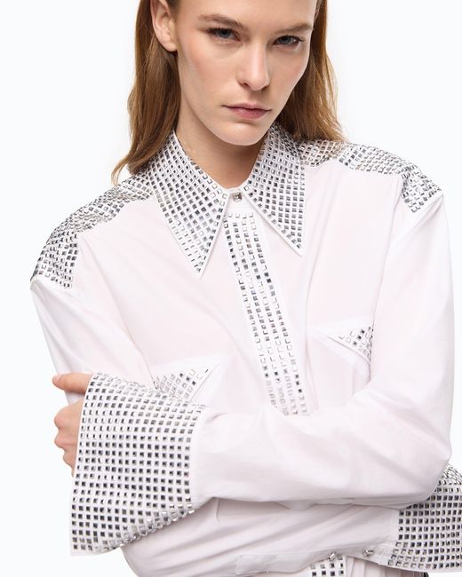 Pinko White Poplin Shirt With Strass Embellishments