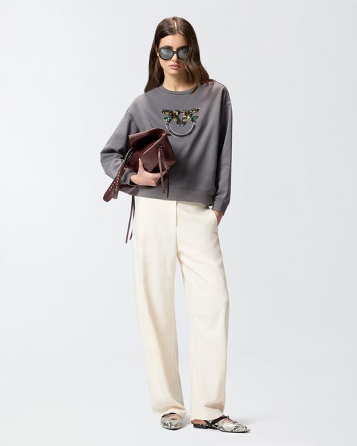 Pinko Gray Sweatshirt With Love Birds Jewel Maxi Embroidery