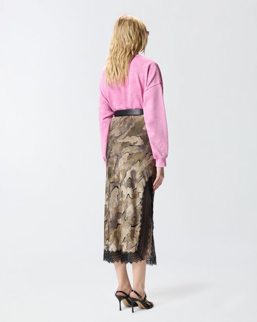 Pinko Natural Camouflage Midi Skirt With Lace And Slit