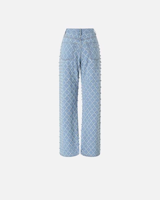 Pinko Blue Wide-Leg Jeans With Diamond And Rhinestone Motif