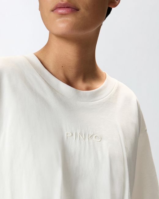 Camiseta Corta Y Ancha Con Logotipo Bordado Pinko de color White