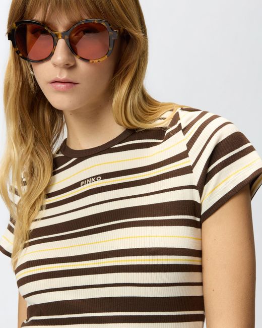Pinko White Cropped Striped T-Shirt With Logo