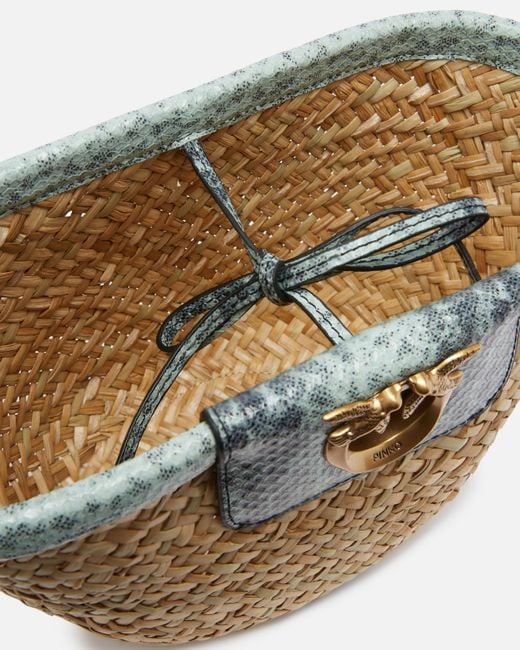 Pinko White Small Bucket Bag In Woven Raffia And Leather