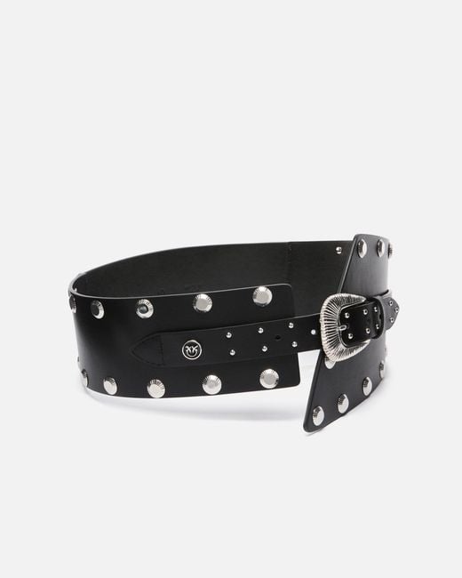 Pinko Black Leather Belt With Studs And Strap, 15 Cm