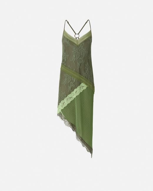 Pinko Green Asymmetric Patchwork-Effect Lace Mini Dress